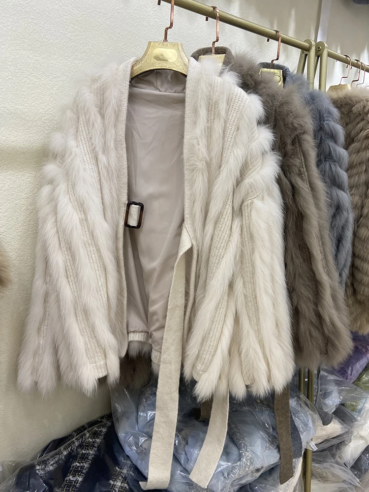 Women Real Fox Fur Knitting OverSize Loose Spring Fox Fur Strip Sewed Together Outside Decoration Lady's Fashion Sweater Coat