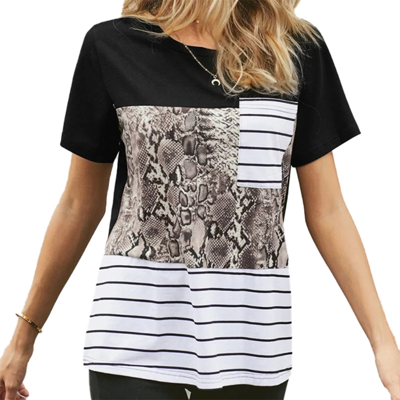 

Women Summer Short Sleeves T-Shirt Print Stitching Shirts Round Neckline Tops