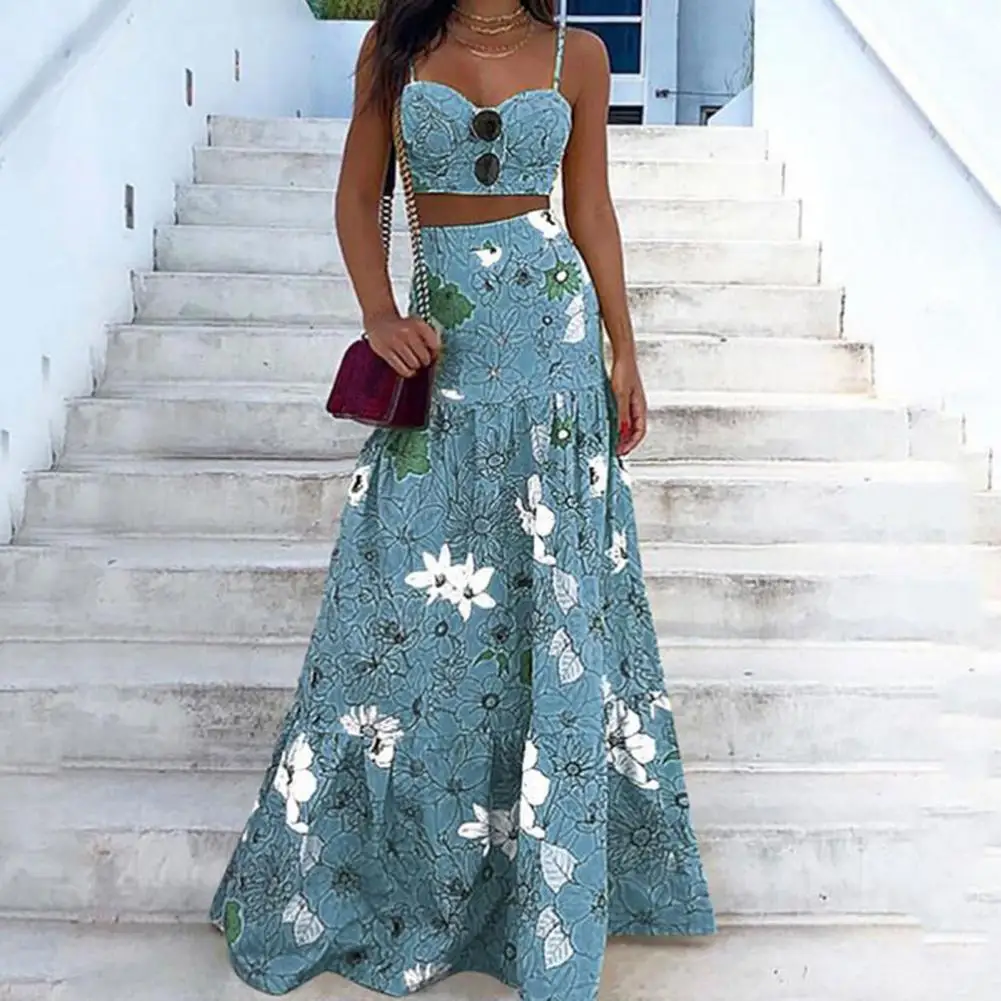 

Women Skirt Floral Print Spaghetti Strap Summer High Waist Large Hem Skirt Set for Beach Women's Clothing 2021