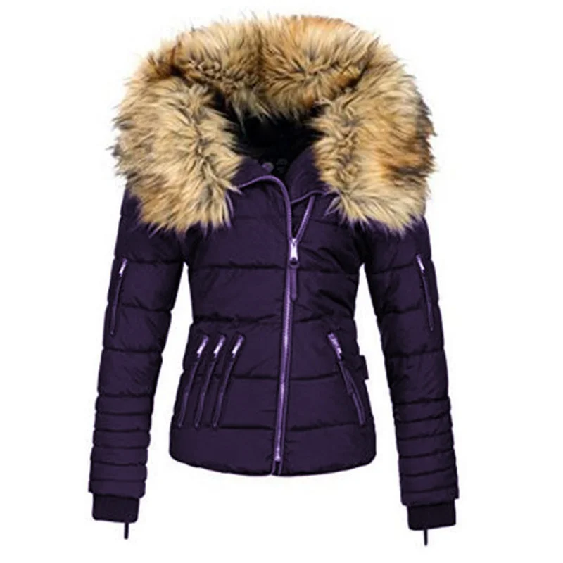 Женская куртка из искусственного меха с большим меховым воротником и капюшоном