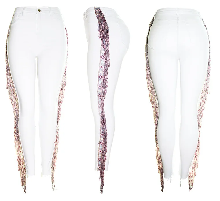 Женские белые джинсы с завышенной талией Осенние узкие блестками р9062 | Женская