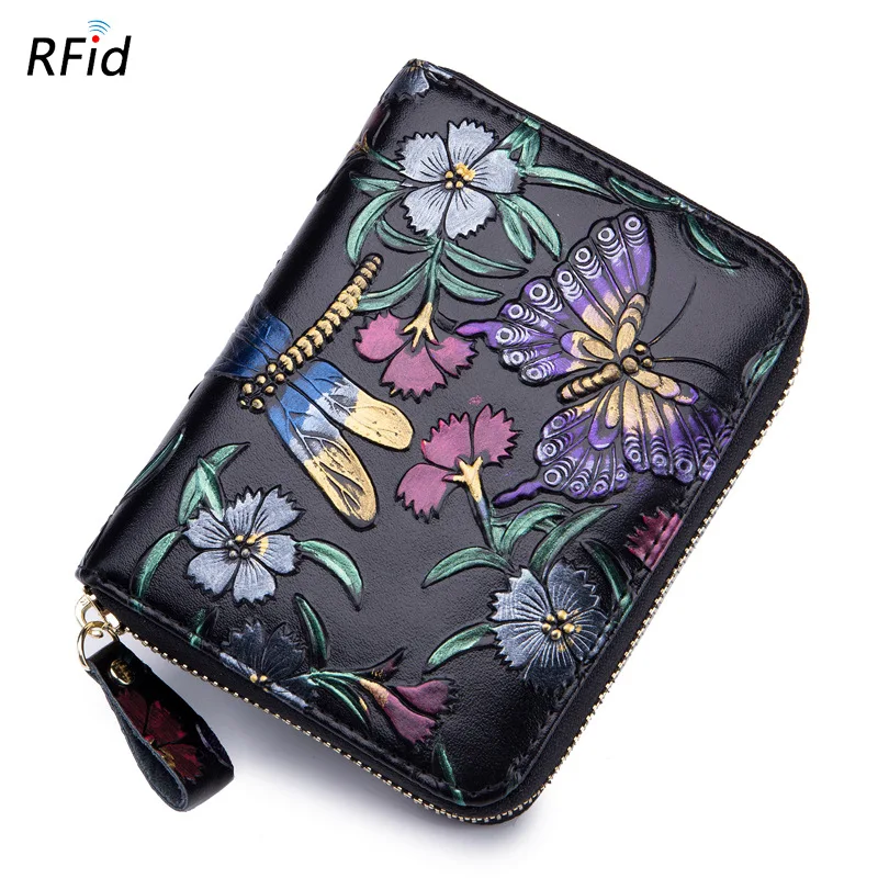 

Genuine Leather 3D Flower Embossing Women Small Wallets Female RFID Credit Card & Business Card Holder Ladies' Coin Purse