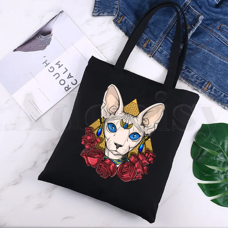 

Черные холщовые сумки для покупок Sphynx с принтом, модная повседневная сумка для девочек