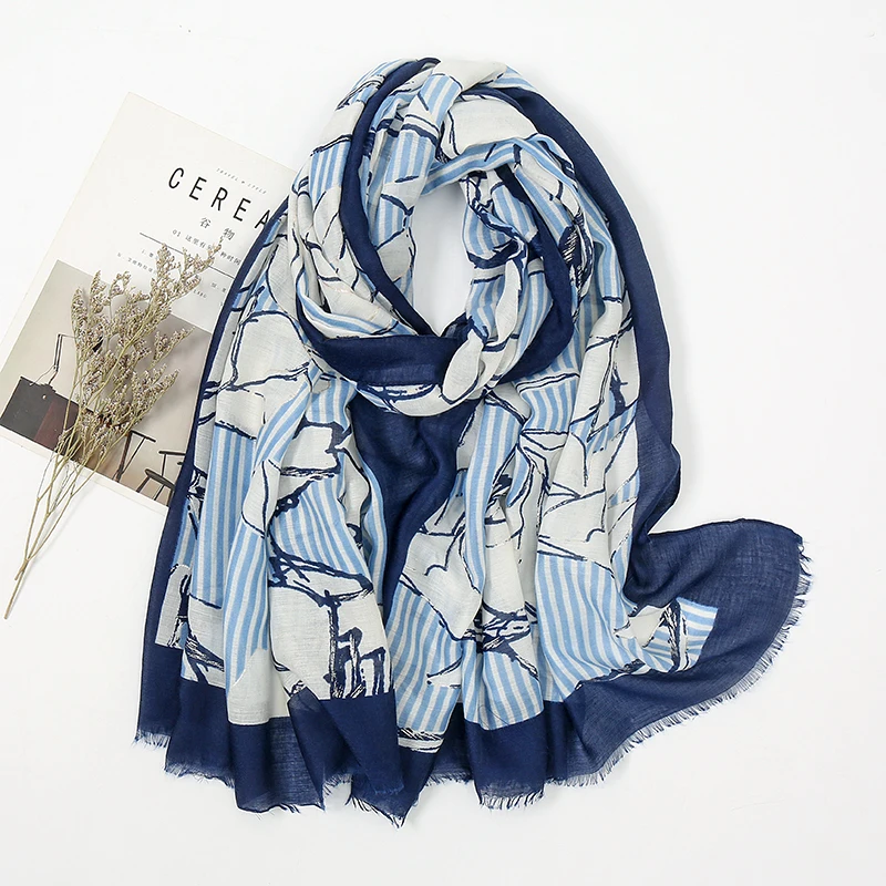 

Luxury Brand Flower Striped Line Tassel Cotton Scarf Women Print Shawls and Wraps Pashmina Stole Muslim Hijab Snood 180*85cm 1pc