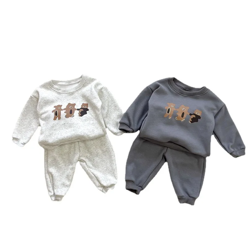 

Winter Boys Grils Clothes Sets Long Sleeve Cartoon Bear Plus fleece Outfits Baby Girl Clothing Set For Kids Newborn 2Pcs