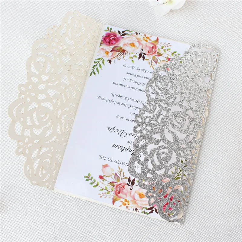 (10 pieces/lot) Luxury Glittery Silver Laser Cut Rose Wedding Invitation Card With Ribbon Birthday Quinceanera Cards IC055 | Дом и сад