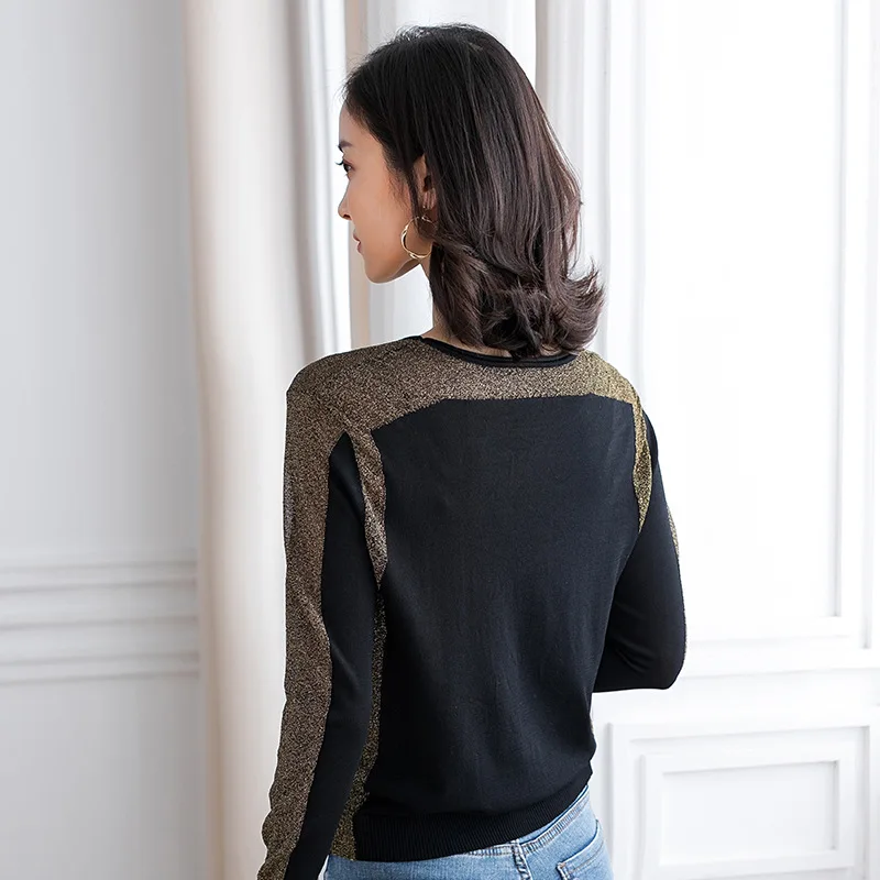 

Autumn Office Lady Knitted Black Color Sweater Patchwork O Neck Loose Size S-2xl Women Fashion Pullover Jl-aym1939