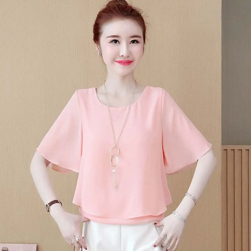 

Women Spring Summer Style Chiffon Blouses Shirts Lady Casual Short Flare Sleeve O-Neck Chiffon Blusas Tops SP319