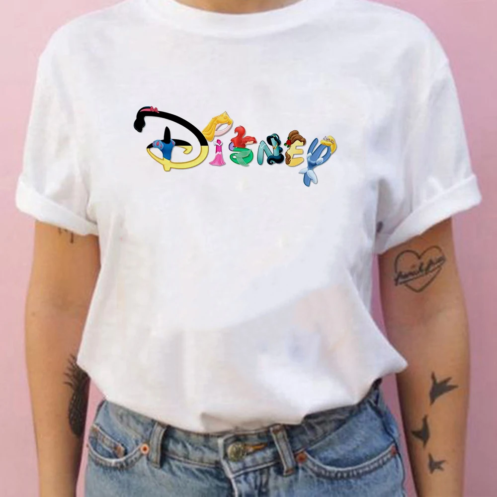 

Футболка женская с коротким рукавом, повседневный свободный белый топ с принтом Диснея, уличная одежда, лето