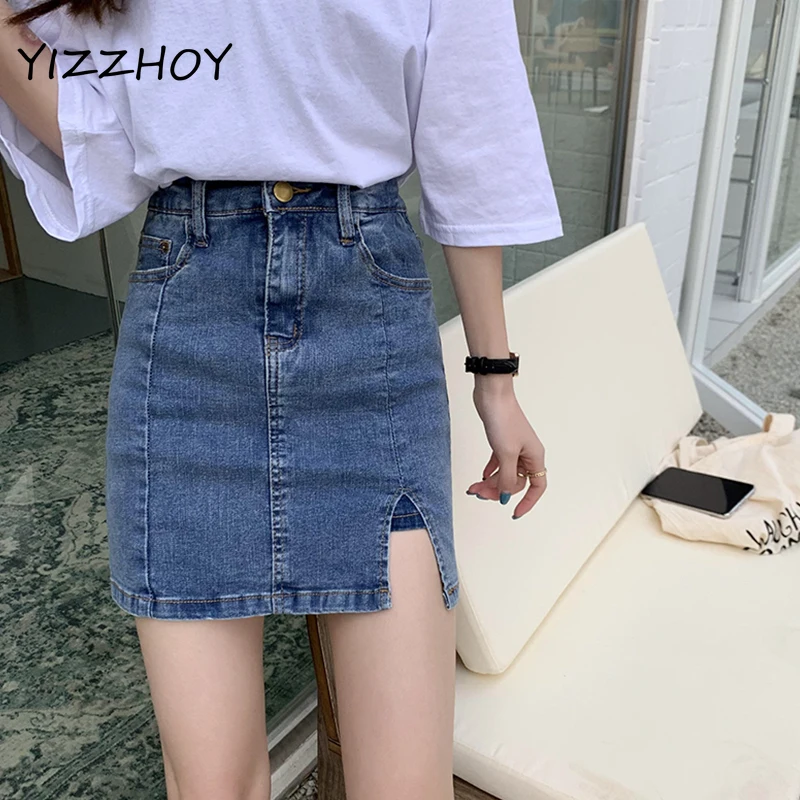 

YIZZHOY Summer High Waist Female Streetwear Retro A-line Split Mini Denim Skirts Women Casual Vintage Short Jeans Skirt
