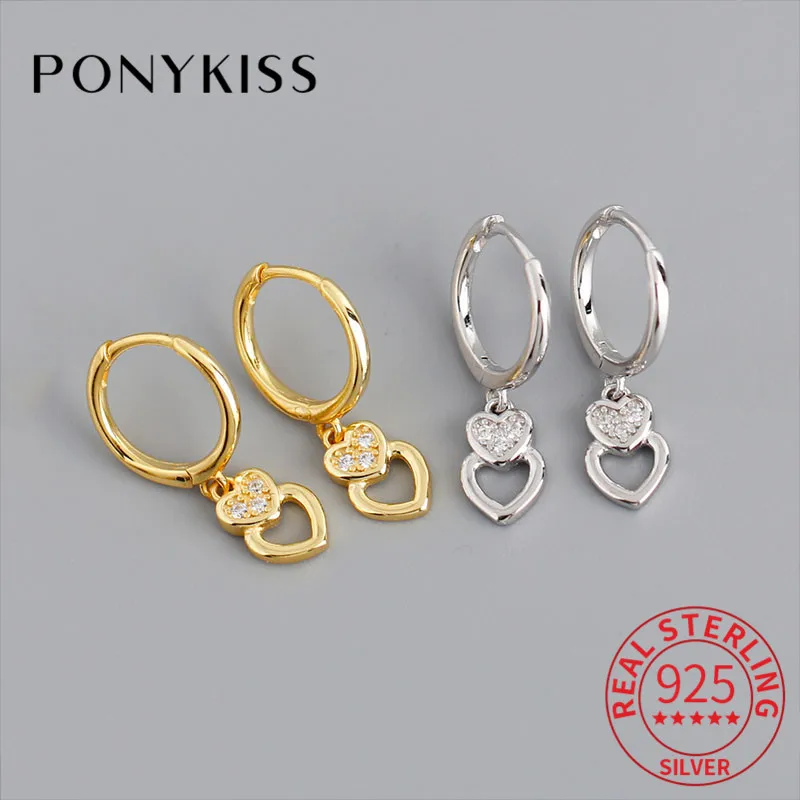 

Женские Романтические серьги-кольца PONYKISS из 100% стерлингового серебра 925 пробы с цирконием в форме сердца, модный аксессуар для вечеринки, Подарок на годовщину