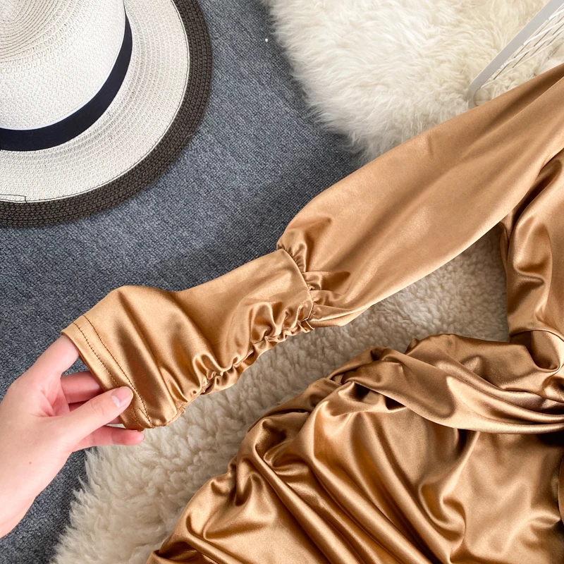 

Ins Fashion Women Twist Front V Neck Puff Sleeve Mini Bodycon Dress Slim Waist Ruched Sexy Party Club Vestidos 2021 New Autumn