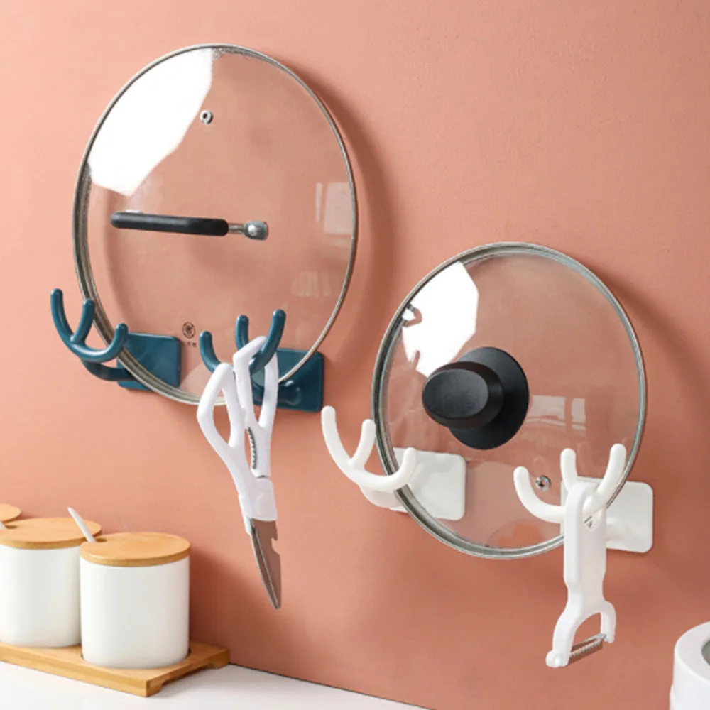 

Multifunctional Pot Cover Rack Cutting Board Plate Pot Lid Shelf Wall Mounted Punch-free Antler Shape Hook Kitchen Organizer