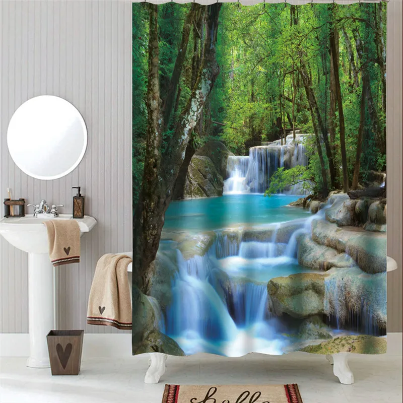 

Mountain Stream Polyester Fabric Waterproof Shower Curtains Forest Waterfall Bath Curtains Natural Landscape Bathroom Decoration