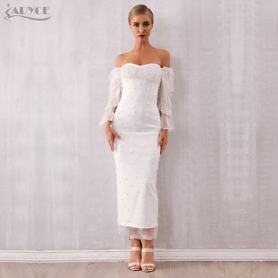 Adyce новое зимнее женское облегающее вечернее платье знаменитостей vestidos сексуальное черное с длинным рукавом с открытыми плечами жемчужные кружевные Клубные платья