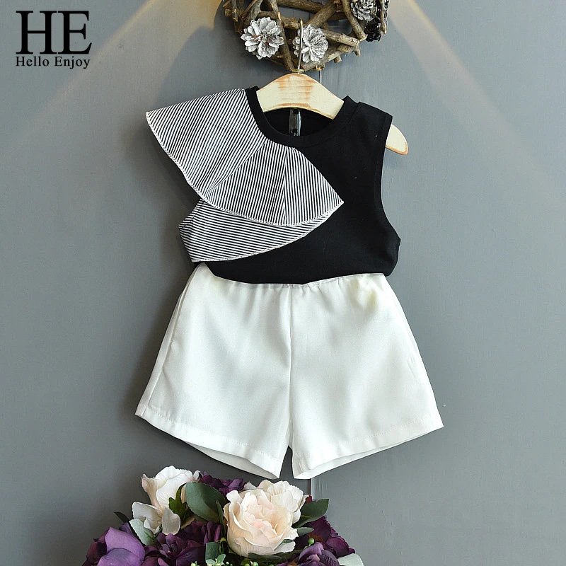 

HE Hello Enjoy/комплект летней одежды для девочек, жилет в полоску с рукавами-лепестками + белые шорты одежда из 2 предметов одежда для малышей, кос...