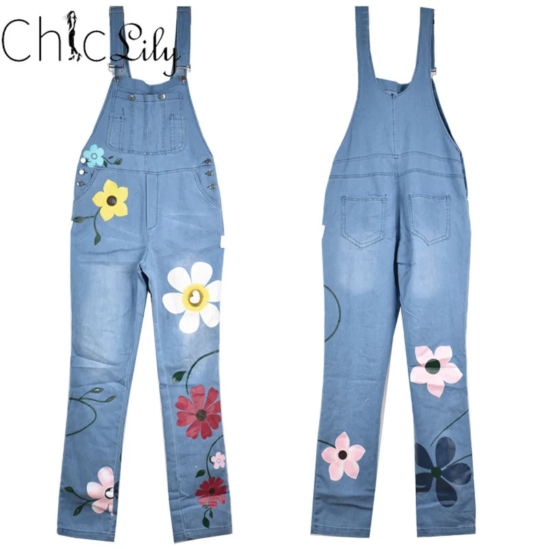 

Chiclily Denim Jumpsuits Printed Full Length Overalls Loose Causal Vintage Washed Pants