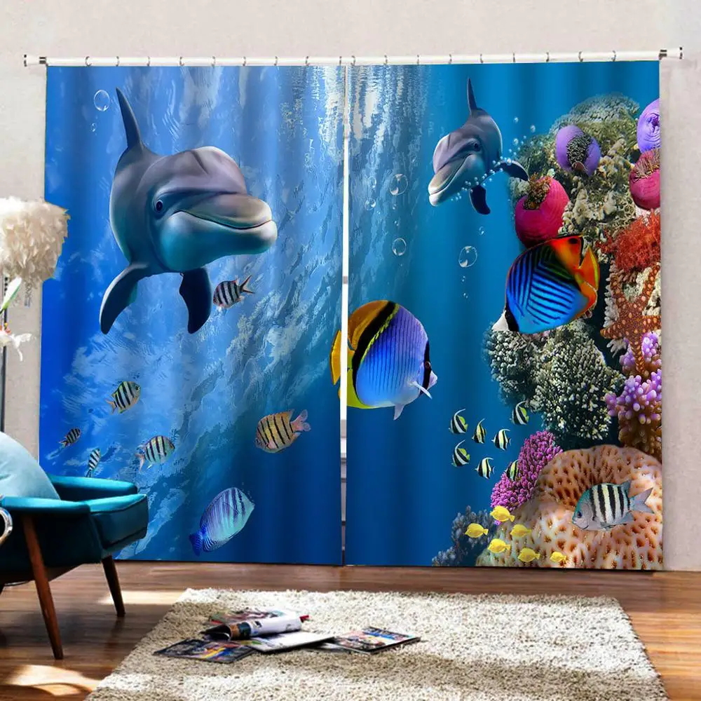 Синяя занавеска s ocean с изображением дельфина 3D роскошная Затемняющая оконная для