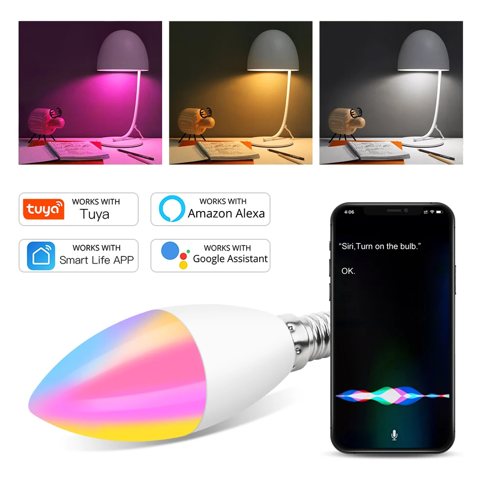 Умная Светодиодная лампа Tuya с Wi Fi приглушаемая LED E14 RGB CW волшебная голосовым