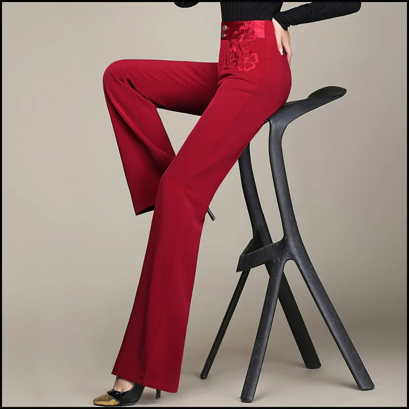 Плюс размер высокая талия широкие брюки женские темперамент вышивка свободный