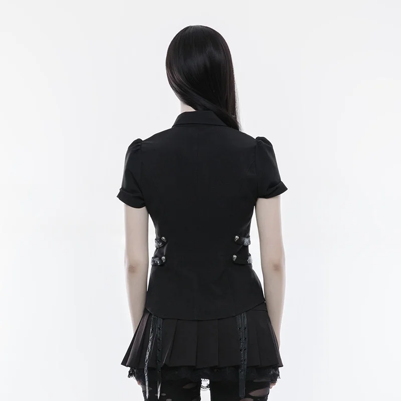 Женская рубашка в стиле панк с коротким рукавом и регулируемой талией|black blouse|women