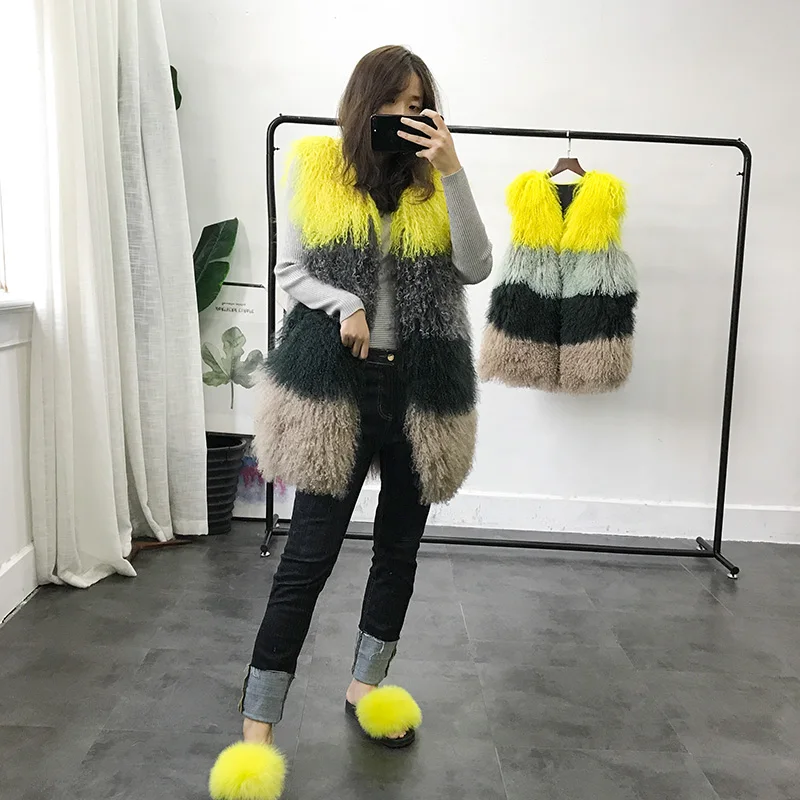 Rf2008 контрастный цвет натуральный мех жилет яркие монгольские овцы меховой для