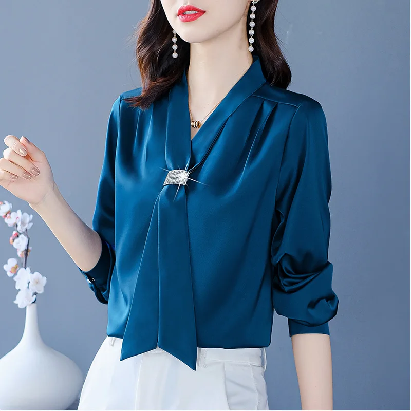 

2021 New Women's Shirt V-Neck Fashion Chiffon Shirt Office Backing Shirt Wine Red Foreign Style Shirt Women's Top