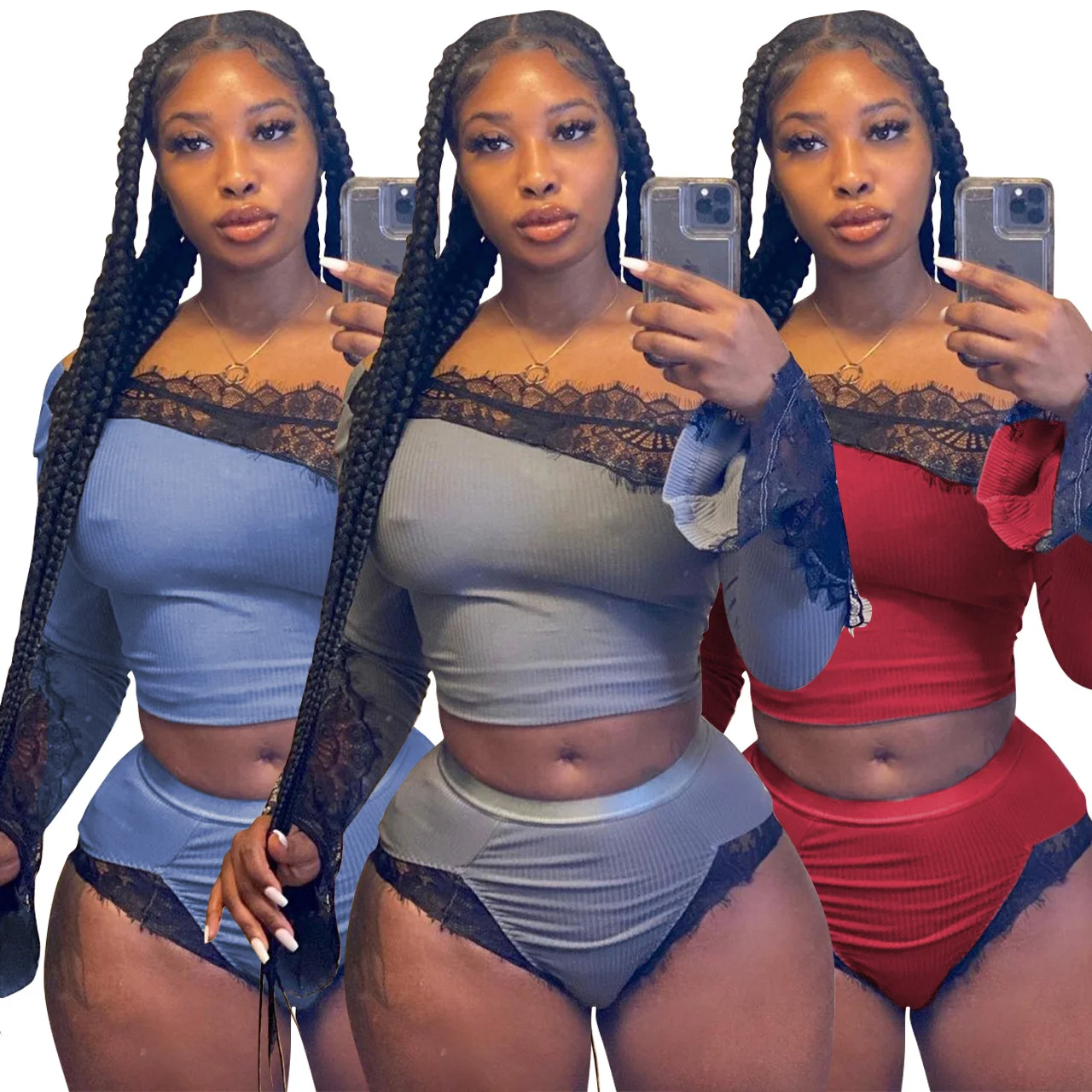 

Сексуальный женский комплект 2 шт. Клубные наряды с кружевным плетением на одно плечо топы с длинными рукавами + шорты) для ночных клубов, веч...