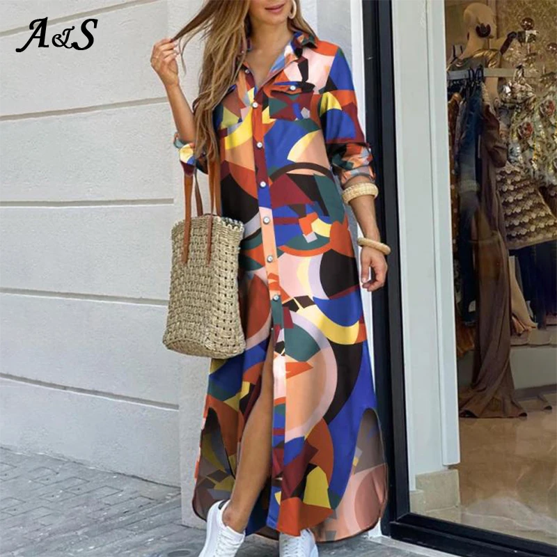 Женское элегантное платье рубашка на пуговицах Anbenser с принтом воротником