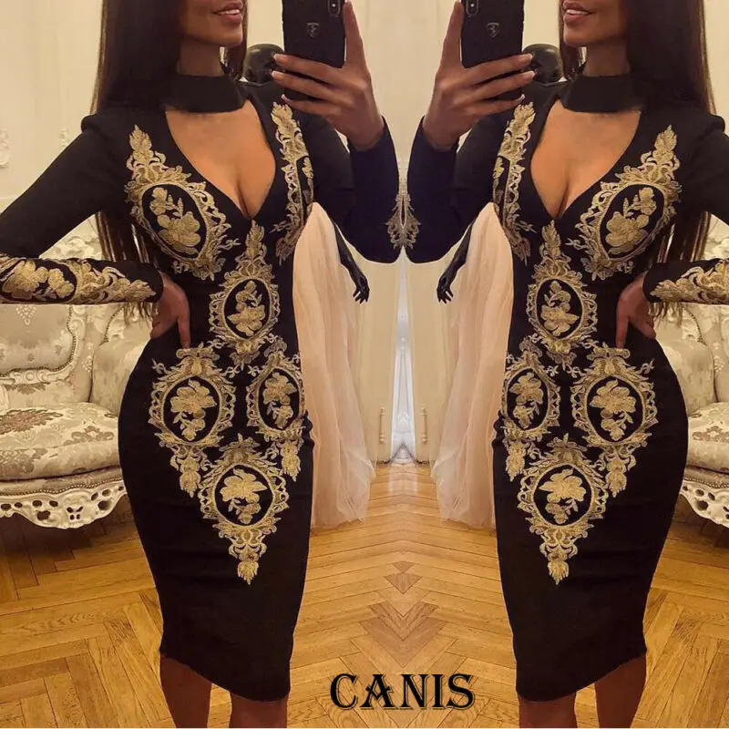 Женское вечернее платье миди с длинным рукавом и цветочным принтом|Женские