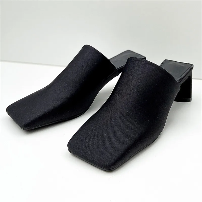 

Silk Upper Square Toe Thick Heel Mules High Heel Women Slippers Woman Sandals Outdoor Slides Half-dragging Ladies Shoes