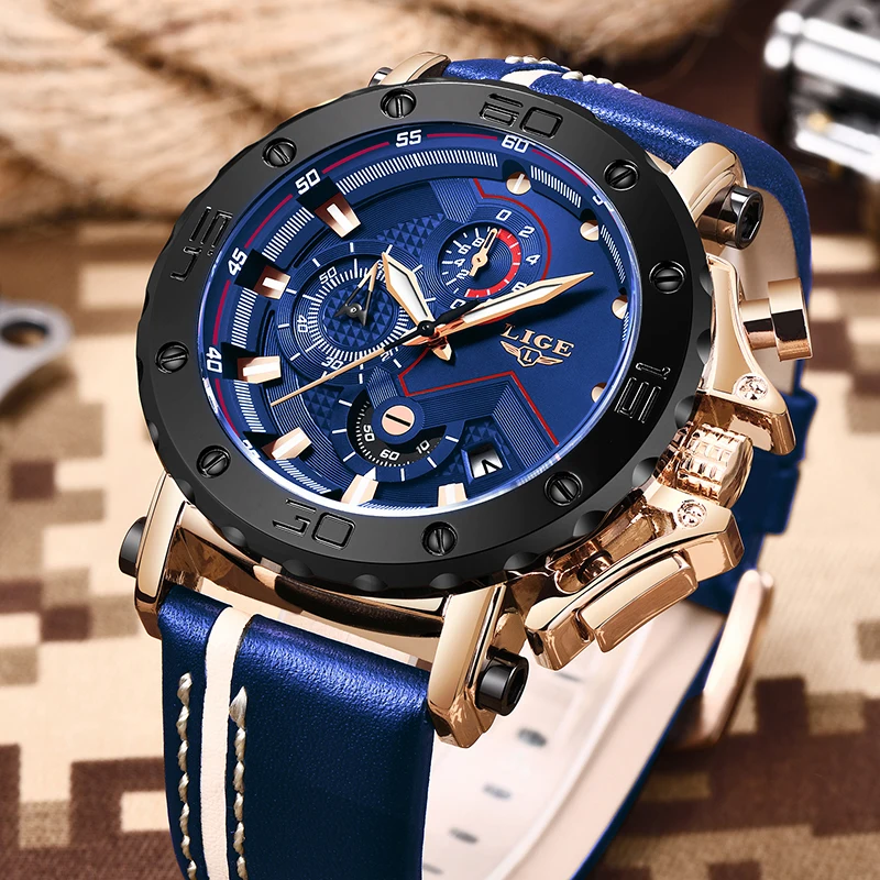 Часы наручные LIGE Мужские кварцевые в стиле милитари брендовые Роскошные