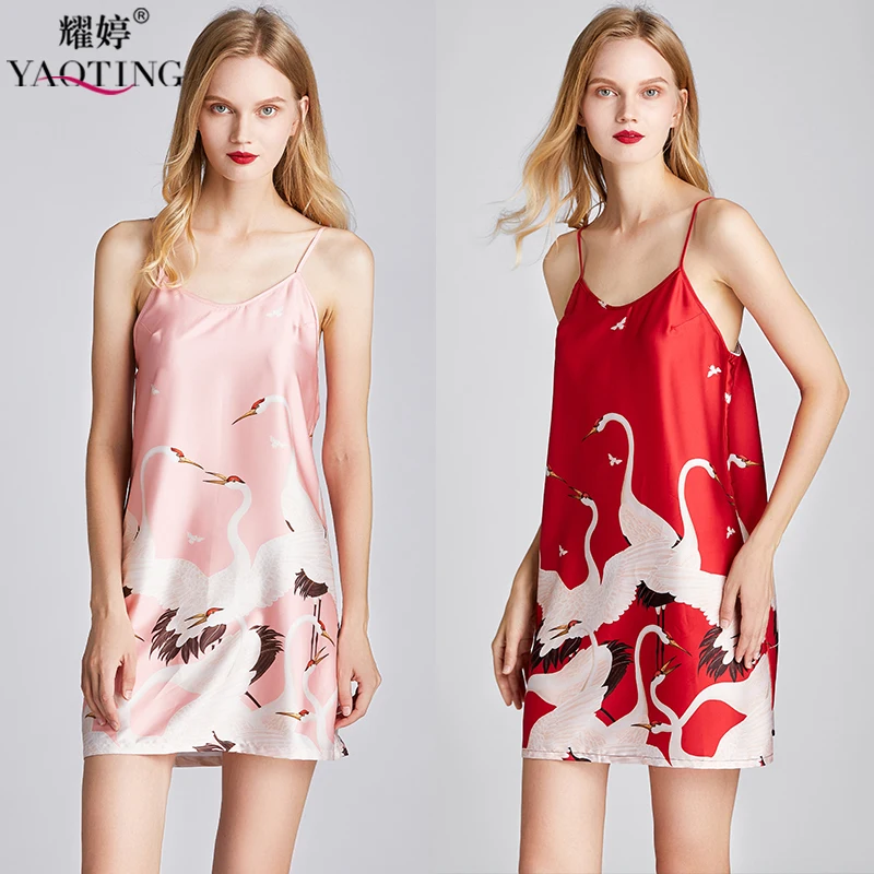 

YAO TING Spring Summer slip dress sleepwear Women nightgowns Comfortable nightwear Soft Satin Silk Ladies night dress Sexy