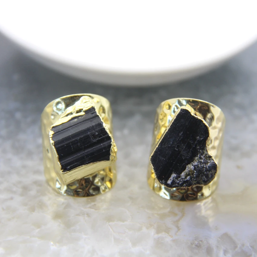 

Natural Black Tourmaline Adjustable Fashion Rings,Black Gems Nugget Irregularly Shaped Trendy Men Women Golded Plated Rings