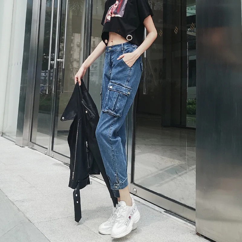 Джинсы с высокой талией женские широкие брюки джинсы карманами повседневные