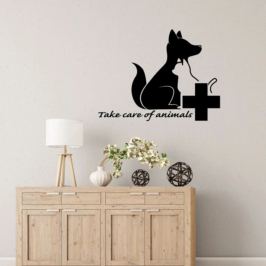 

Cat and Dog Wall Decal Take Care Of Animals Quote Veterinary Clinic Logo Interior Decor Vinyl Window Stickers Pets Mural M638