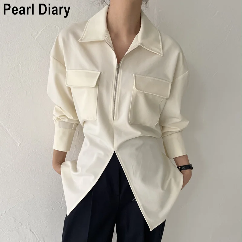 

Осенняя рубашка с длинным рукавом в Корейском стиле, винтажные Блузки на молнии, на шнуровке, свободные базовые Топы для женщин, 2021
