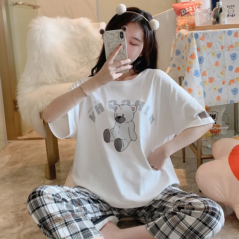 CAIYIER Summer Pajamas Suit Women Short Sleeves Cute Bear Print Sleepwear Casual Checked Trousers Korea Sweet Pyjamas Homewear