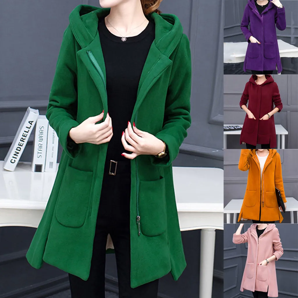 Женский Длинный Тренч из смесовой шерсти с лацканами капюшоном верхняя одежда