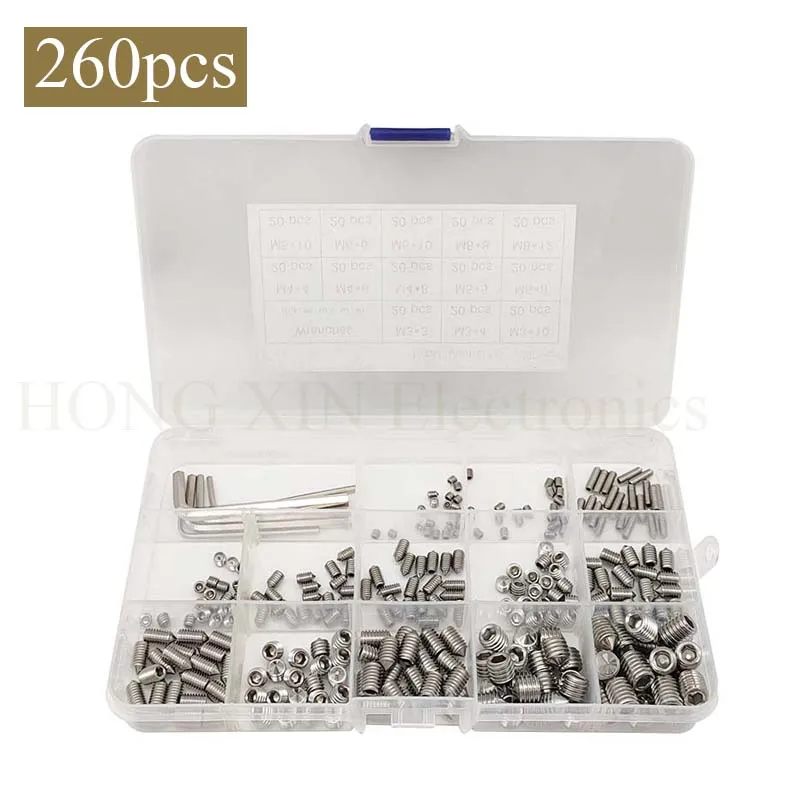 

260pcs Hex hexagon socket cone point set screw assortment kit M3 M4 M5 M6 M8 stainless steel grub screw with hex key