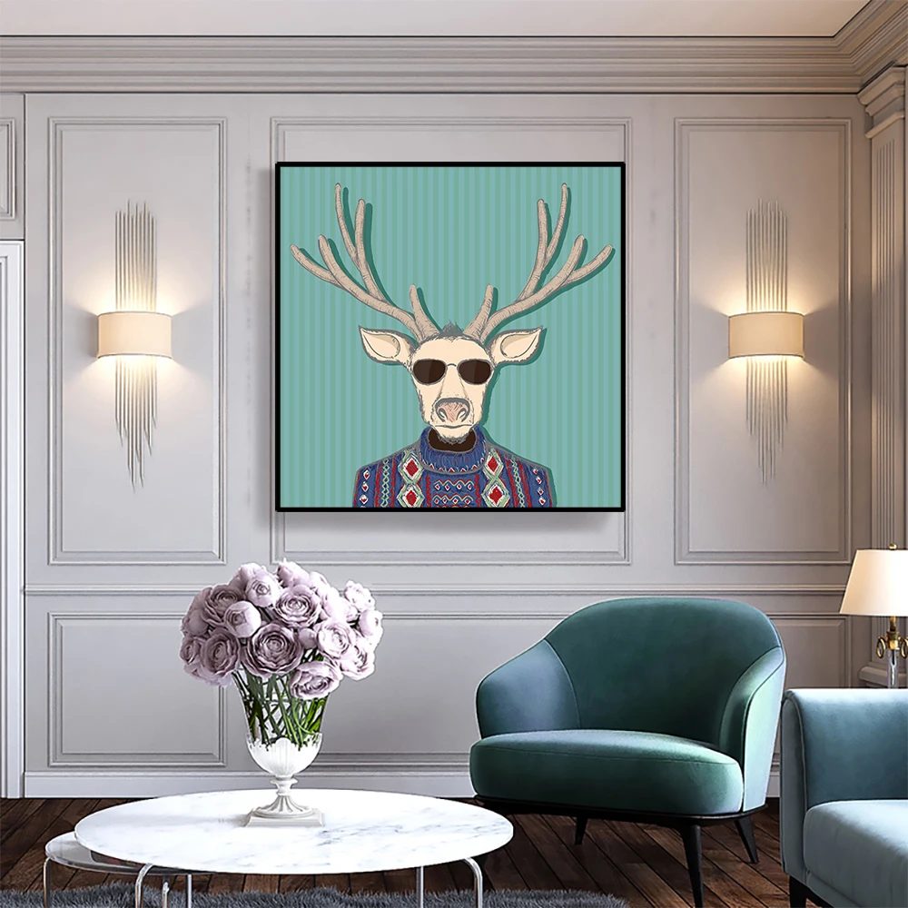 Картина на холсте в виде лося очки и одежда Настенный декор художественный