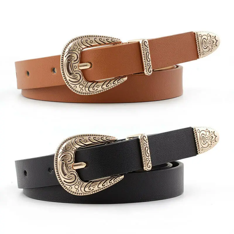 

Womens Vintage Buckle Thin Quality Faux Leather Western Belt Ladies Waist Band Retro Fashion Decorative Carved Belt