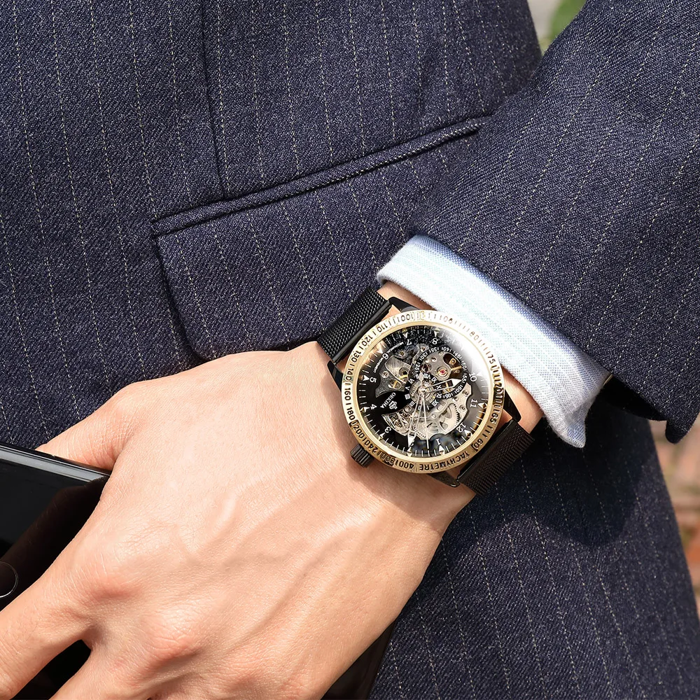 Роскошные полые механические часы с автоматически подзаводом мужские черные