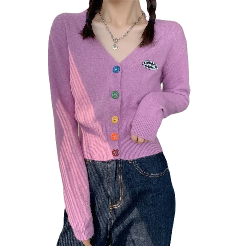 

2021 Spring Autumn Sweaters Women V Neck Candy Colors Buttons Knitted Cardigan Casual Cute Short Women Sweater