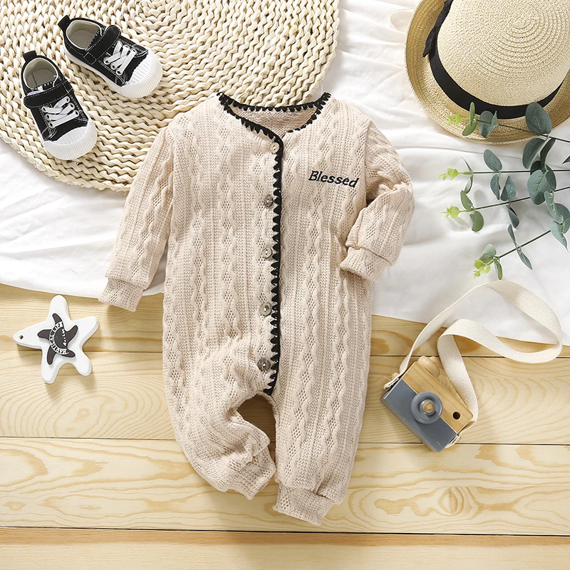 

0-18M Fall Winter Baby Girls Boys Romper Newborn Infant Knitted Letter Embroidered Long Sleeve Button Closed Warm Jumpsuit