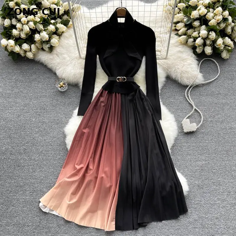 

Autumn Winter Women Elegant Knitted Patchwork Dress O-neck High Waist Sashes Bow Hit Color Fashion Runway Long Dress Vestidos