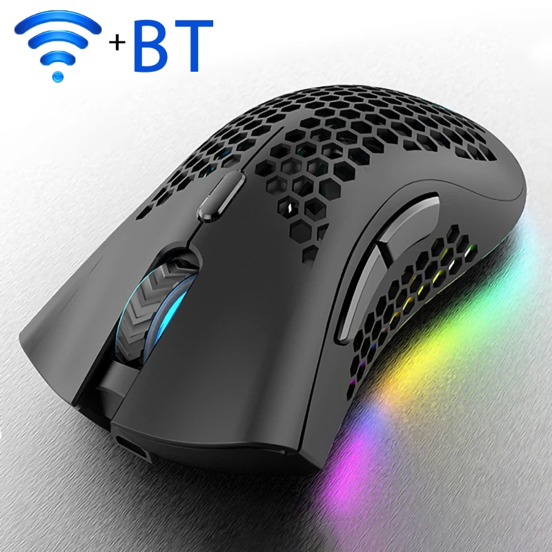 

Two Modesl 2.4G Wireless+Bluetooth RGB Running horse lamp Mouse Computer Rechargeable Backlit Lightweight Honeycomb Gamer Mause