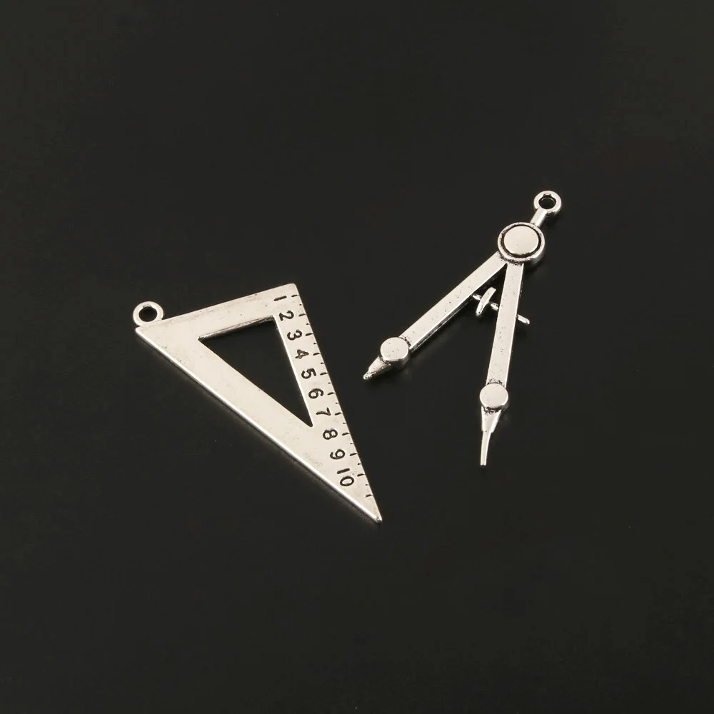 10 шт. Серебряный Цвет Треугольная линейка циркуль Подвески школьные