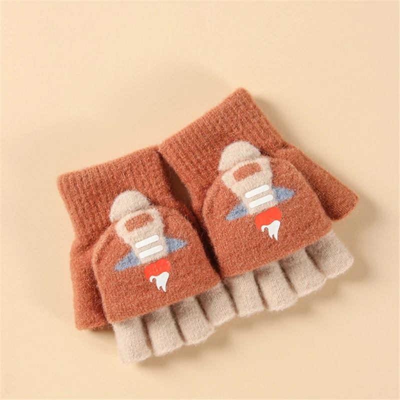 

Kid Winter Knitted Cotton Mitten Convertible Half Finger Gloves with Flip Top