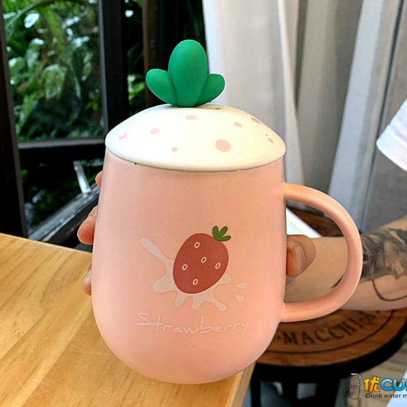 

3D Cute Porcelain Coffee Mug with Lid Strawberry Korean Eco Friendly Ceramic Milk Cup Tazas Originales Gifts for Girls